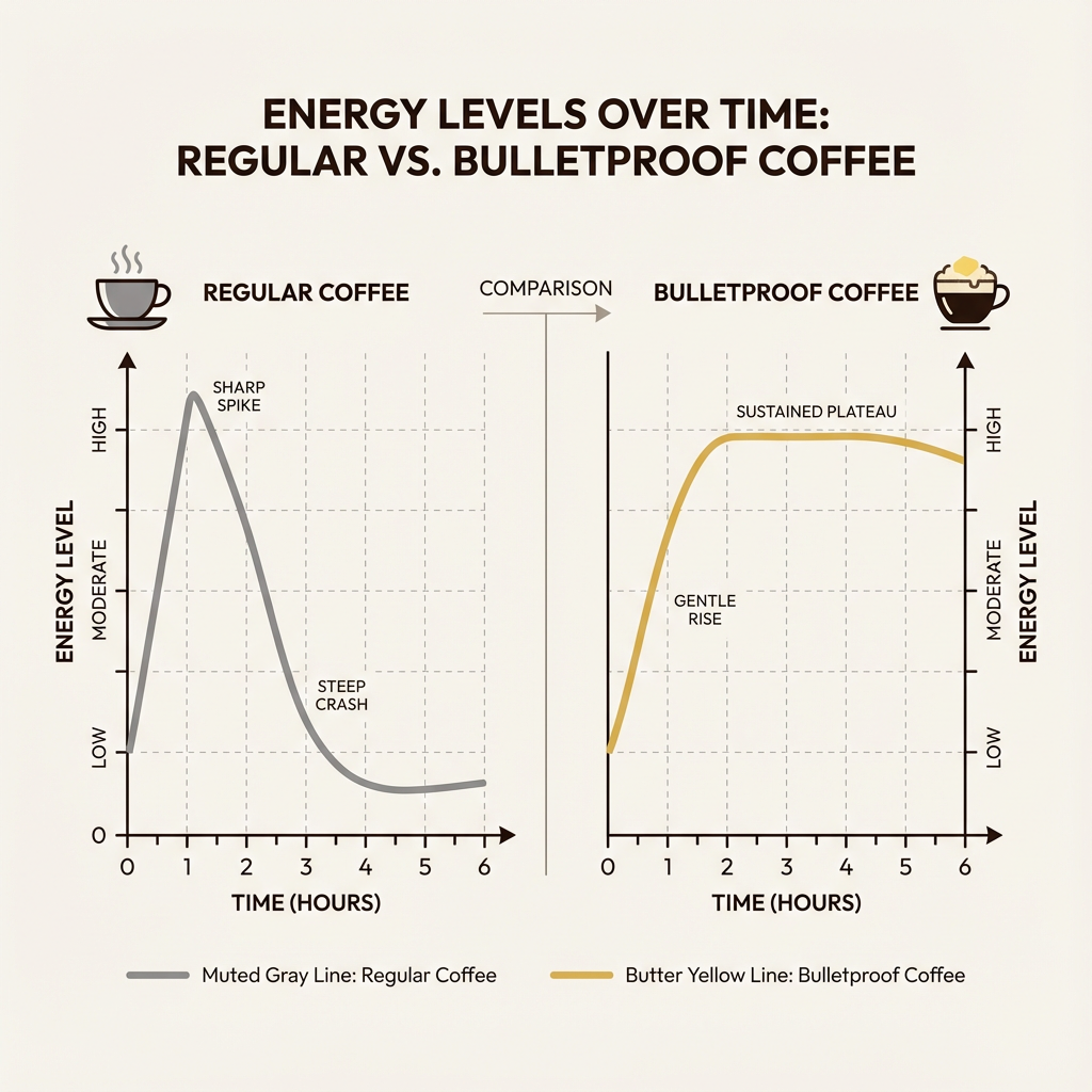 Energieverlauf Vergleich: Normaler Kaffee vs Bulletproof Coffee über 6 Stunden